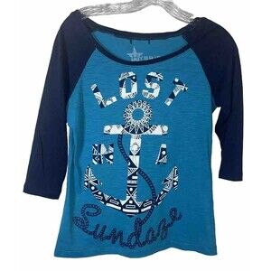 Hybrid Apparel Juniors Girls Size L Blue Graphic T-shirt Size L Anchor Coastal